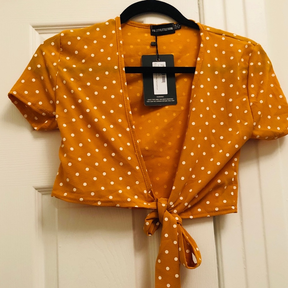 NWT! PLT yellow wrap polka dot cropped blouse